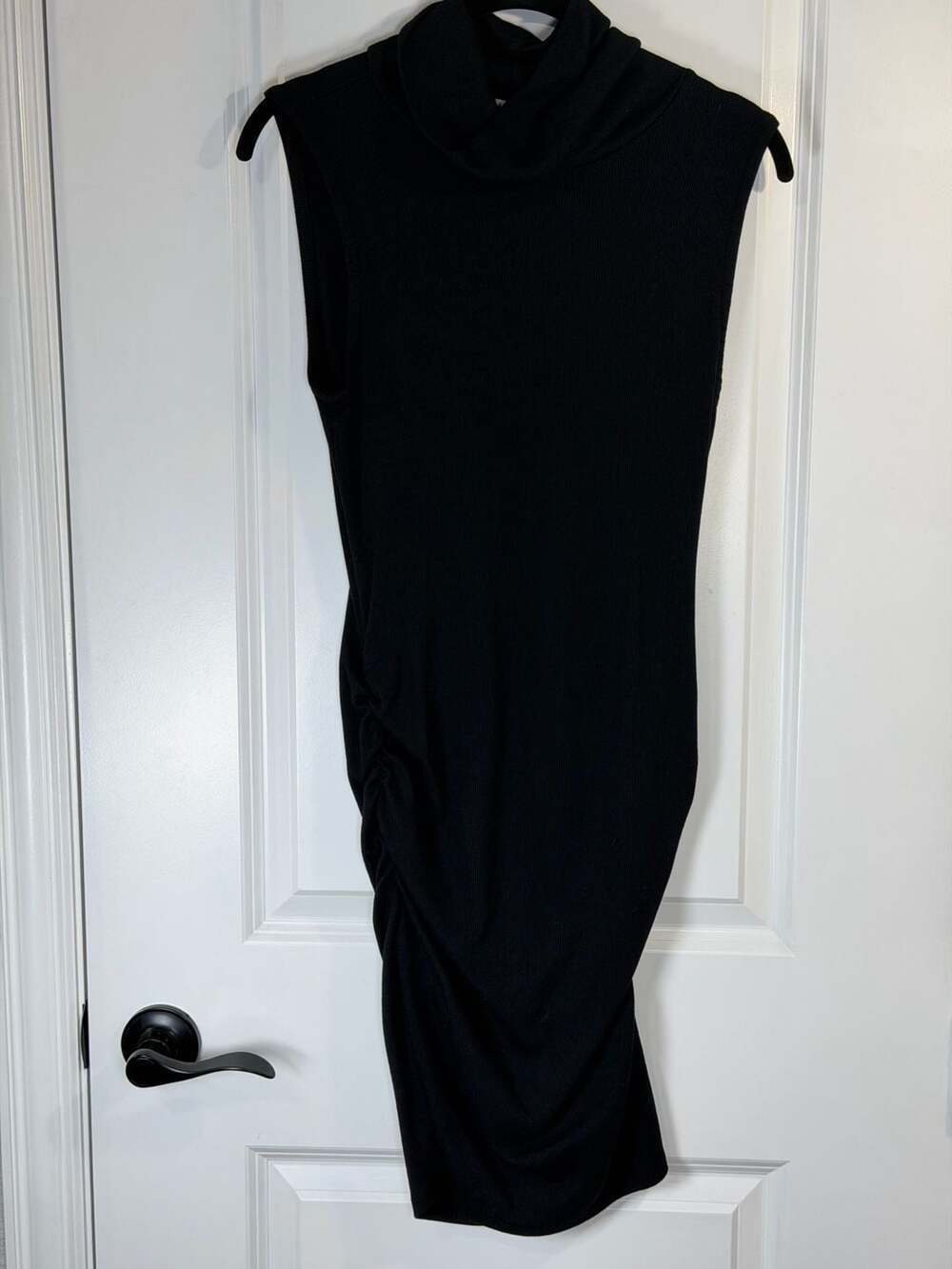 Michael Stars Black Ribbed Sleeveless Cowl Neck Ruched Midi Dress